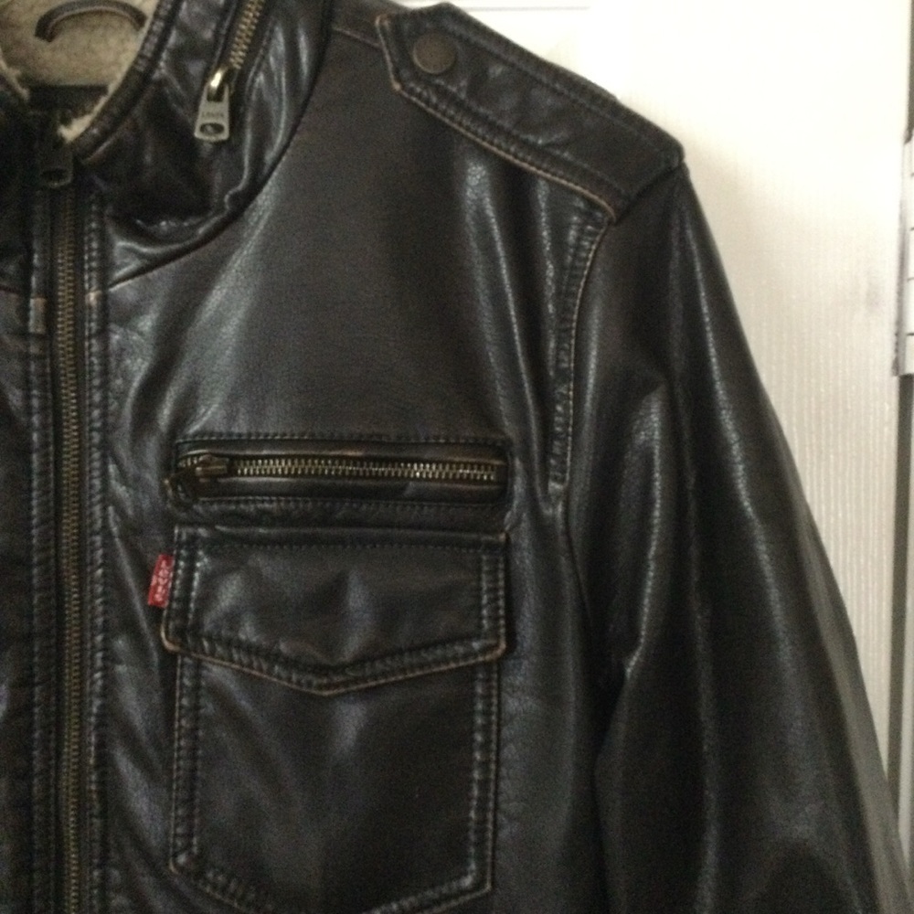 Levi's Dark Brown Faux Leather Sherpa Lined Bomber Biker Jacket Size Small - Picture 5 of 14